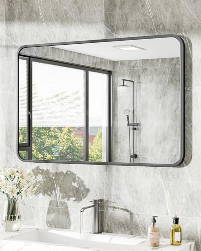 Bathroom Mirror 36" X 24" Wall Mount Dresser Metal Frame Rounded Rectangular Mirror Over Sink Vanity Hungs Horizontally Or Vertically for Bedroom, Entryway, Living Room,Black