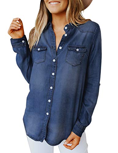 GRAPENT Women's Dark Blue Casual Buttons Down Denim Shirt Loose Pockets Long Sleeves Blouse Tops Size Medium