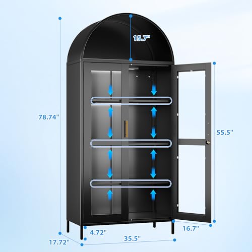 78.74" H Metal Arched Cabinet with Lock and LED Light Strip, Metal Display Cabinet with Glass Doors and Adjustable Shelves,Suitable for Dining Room, Home, Assembly Required,Black - Image 4