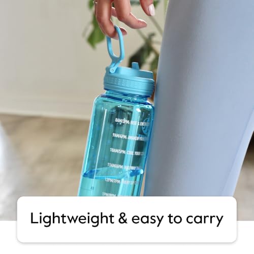 Image of Takeya Motivational Water Bottle with Straw Lid and Time Marker (32 oz, Breezy Blue) - Leakproof, BPA Free Water Bottle for Daily Intake Tracking
