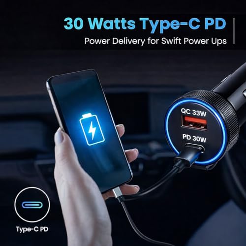 Image of Fire Turtle 125W Triple Output Fast Car Charger with 65W Type-C Cable, 30W Type-C PD, 30W QC USB Port, Compatible with Laptop, iPhone & Android Smartphone (Spring Cable Car Charger)