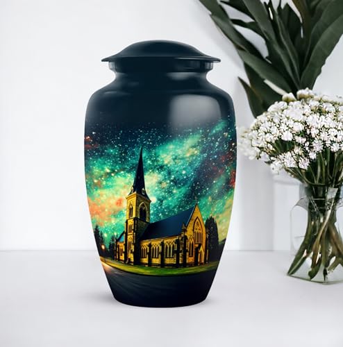 Image of Personalized Church Steeple Night - Funeral Urns For Men - Large Cremation Urn For Ashes For Women - Unique Burial Urns - 10 Inch - Large With Velvet Bag - Adult Decorative Urn For Mom & Dad