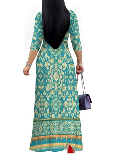 Image of Women's V Neck Floral Maxi Dress 3 /4 Sleeve Plus Size Boho Wrap Flowy Long Dresses with Belt