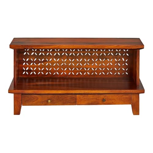 Image of Sheesham Wood Temple for Home | Pooja Mandir for Puja Room with 2 Drawer Storage & Shelf | Pooja Mandap Wood Religious Home Temple Honey Finish