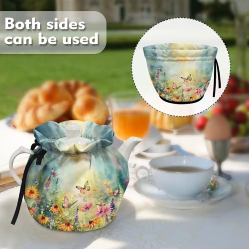 Image of Xoenoiee Butterfly Vibrant Flowers Print Tea Cozy Cotton Tea Cosy for Teapots Keep Warm Teapot Cover Insulated Kettle Cover for Home Kitchen Table Decor