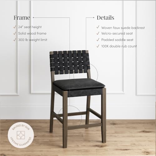 Image of Nathan James Cohen Mid-Century Modern Suede Bar Stool, Counter Height Chair in Solid Wood Frame with Footrest and Woven Suede Back for Kitchen, Black