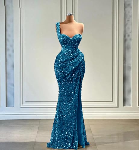 One Shoulder Sequin Prom Dresses 2024 Sparkly Mermaid Slit Evening Party Gowns for Women Formal3