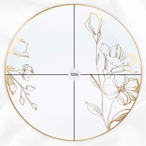 [10'' Plates 10 Count] White Plastic Floral Design Party Dinner Plates With Gold Rim Premium Heavyweight Elegant Disposable Tableware Dishes #TOP2