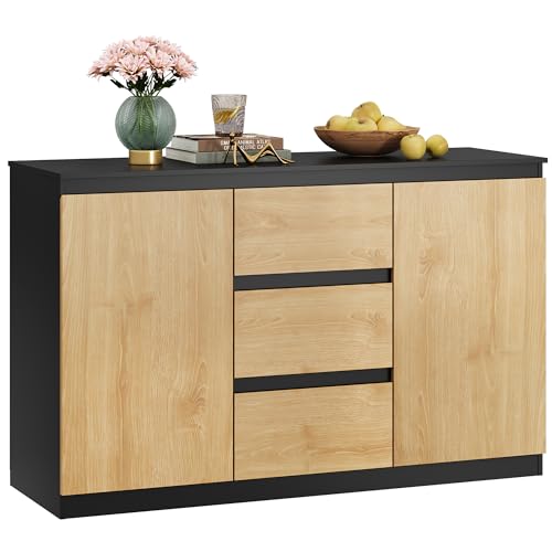 WLIVE Kommode mit 3 Schubladen, Schrank mit 2 Tür 4 Regalen, Modernes Sideboard, für Wohnzimmer, Schlafzimmer, Flur, Schwarz + Eiche, 120 x 75 x 40 cm