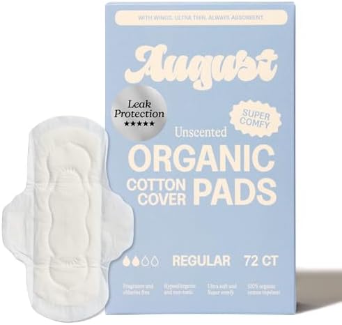 August Regular Cotton Menstrual Pads, 72-Pack Ultra Thin Pads with Wings, Hypoallergenic Sanitary Napkins with Organic Cotton Topsheet, Compostable Wrappers, Toxin Free, Fragrance Free
