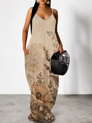 Image of Women's Summer Maxi Dress Spaghetti Strap Floral Boho Beach Long Sundress with Pockets