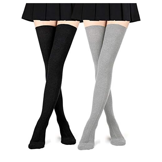 Meias femininas de algodão acima do joelho para botas de cano alto extra longas, Pacote com 2 (preto/cinza), One Size