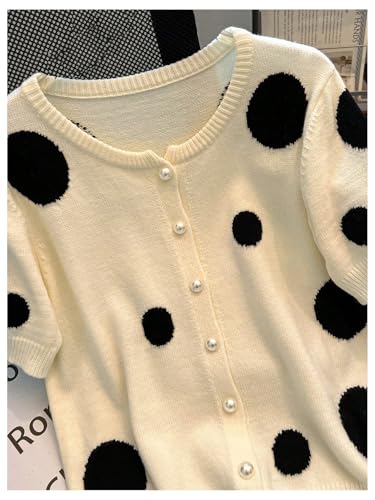 WDIRARA Women's Polka Dots Pearl Button Down Cardigan Sweater Crew Neck Short Sleeve Knit Top3