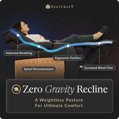 Image of Seatcraft Diamante Black /Tan Oak Italian Leather Home Theater Seating, Zero Gravity Power Recliner, Gaming and Home Office Chair, Powered Headrest Furniture for Family Cinema Room, Row of 4 Sofa