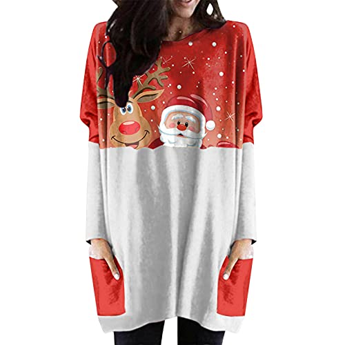 Weihnachtspullover Damen Schulterfreier Weihnachtspulli Weihnachten Langarm Kleid Santa Claus Druck Sweater Bekleidung Damen Große Größen mit Wasserfall Saum Hässlicher Pulli Cover
