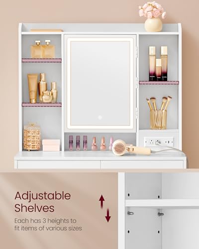 Image of VASAGLE KAILYN Collection - Vanity Desk with Power Outlets, Makeup Vanity with Mirror and Lights, Upholstered Vanity Stool, 6 Compartments, 2 Drawers, for Bedroom, Cloud White URDT031WB02S