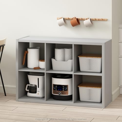 Image of Furinno HERMITE Kitchen Island, 6-Cube Coffee Bar, Extra Thick Kitchen Storage, Bakers Rack, for Pantry Organizers and Storage, Kitchen Organization, Light Grey