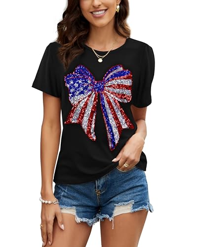 Image of PESION Womens Short Sleeve T-Shirt Sequined Tops O-Neck Funny Graphic Tees Blouse