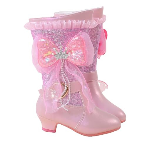 Girls Winter Low Heels Warm Fur Boots Glitter Rhinestone Bowknot Princess Boots