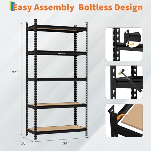 Garvee 5-Tier Garage Shelving Unit 2204 LBS Heavy Duty Storage Shelves, Adjustable Metal Shelving with Solid MDF Boards, Storage Rack for Basement Kitchen Pantry Laundry Warehouse, 72"H x 36"W x 16"D by Garvee - Used condition - Image 9