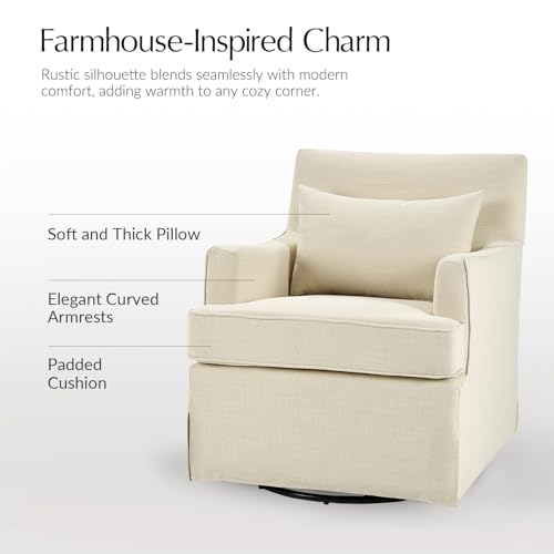 Sillón giratorio beige de tela con cojín grueso miniatura 3