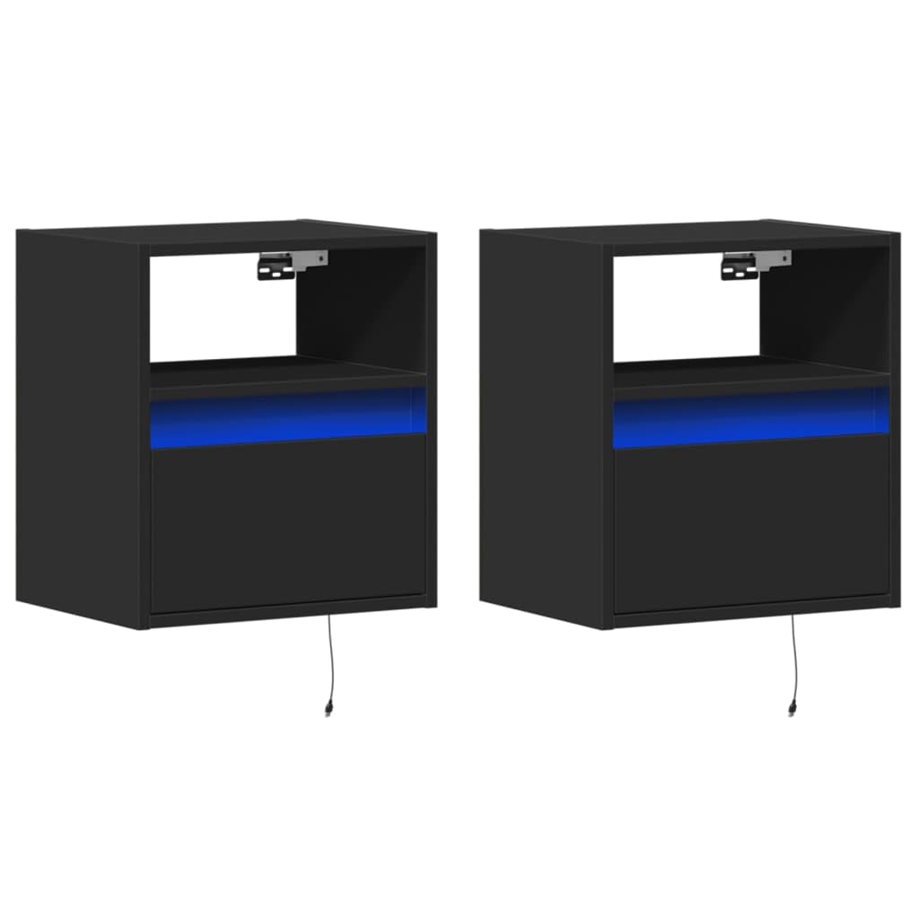 Table de chevet suspendue LED noire avec tiroir et étagère ouverte pour chambre x2