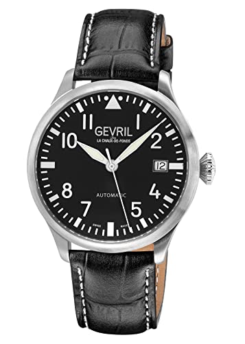 Gevril 43500-01 Men's Vaughan Swiss Automatic Watch, Genuine Italian Black/White Stitching Leather Strap