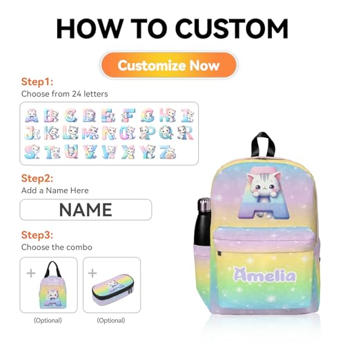 Personalized Backpack for School, Girls Kids Teen Name Bookbag Elementary School Backpack Set with Lunch Box and Pencil Case, Travel Backpack Waterproof Lightweight 16.8”,Letter-themed3
