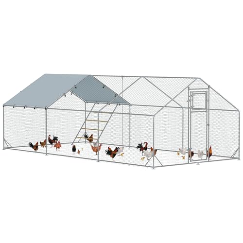 PawHut Gallinero para Exterior 3x6x2 m Gallinero de Acero Galvanizado con Comedero Colgante Tipo Brocheta Percha Cubierta Anti-UV e Impermeable para Conejos Patos Gansos Plata