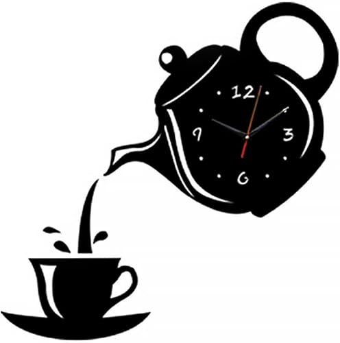 ZoTuoART Tetera y taza acrílico 3D DIY espejo reloj de pared  Seguridad irrompible azulejos espejo autoadhesivo superficie tiempo adhesivo para
