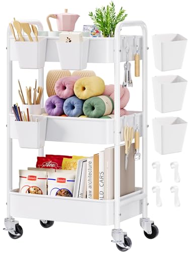Image of 3 Tier Rolling Cart Metal with Wheels, White Three Tiered Craft Cart Organizer on Wheels, Storage Utility Carts for Art, Baby Nursery,Diaper Caddy, Cleaning Supplies, Nail,Lash,Snack,Book,Roller Shelf