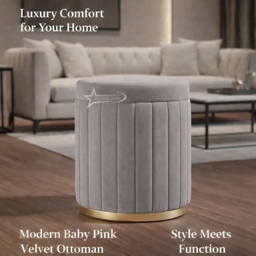 Image of Round Strip Stool with Cushion Foot Rest Office Stool Pouf Ottoman Padded Seat in Living Room - Grey