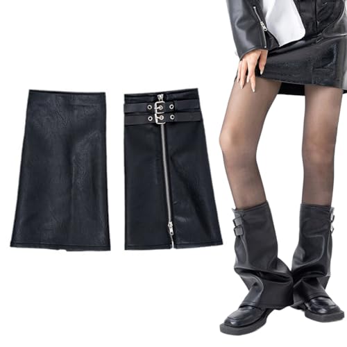 Women Harajuku Black PU Leather Leg Warmer with Eyelet Straps Punk Zippered Flared Leg Cover Sleeve Socks Streetwear2