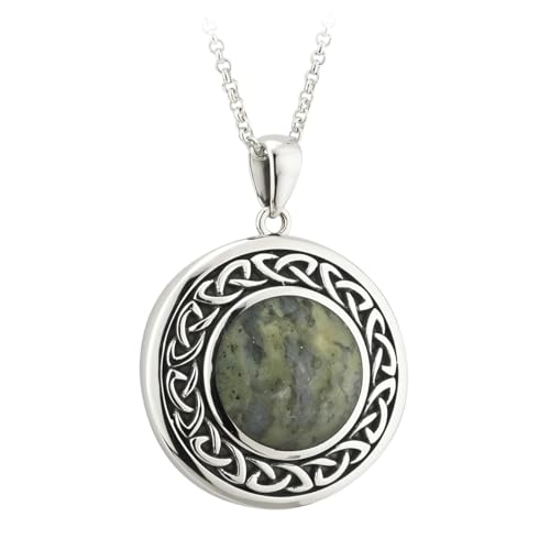 Biddy Murphy 925 Sterling Silver Celtic Weave Connemara Marble Pendant Necklace for Women, Black Patina Detail, 7/8
