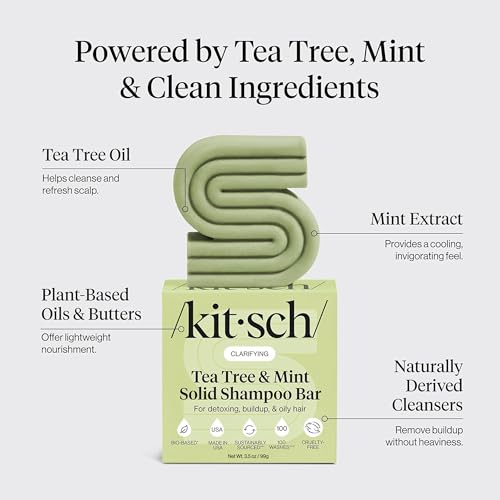 Image of Kitsch Clarifying Tea Tree & Mint Shampoo Bar Soap - Made in USA, 3.5 oz | Clarifying Shampoo for Build-Up Removal - Hair Shampoo for Women and Men for Scalp & Oil Control - Vegan Hair Care