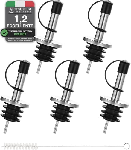 Incutex 5x beccucci per bottiglia e 1x spazzola per pulizia, beccuccio con chiusura a tappo in gomma, beccuccio per bottiglia, versatore, dosatore per liquori vino aceto olio