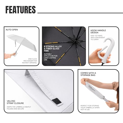 Image of Robustt Auto Open Clutch Umbrella with Carabiner Hook Handle, (Beige)| Double Fibreglass Wind-Resistant Frame |for rain & Sun Protection| Lightweight & Compact