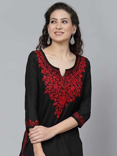 Image of QAZMI Women's Floral Aari Embroidered Viscose Rayon 3 /4 Sleeves Straight Kurta