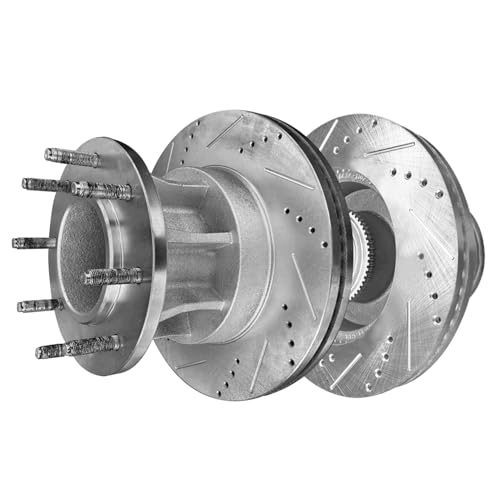 Image of Detroit Axle - DRW Front Brake Kit for Ford 2013-2022 F-350 Super Duty | Drilled and Slotted Disc Brake Rotors Ceramic Brake Pads with Hardware 2014 2015 2016 2017 Replacement 14.29 inch inch Rotor