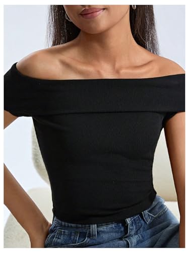SweatyRocks Girl's Off The Shoulder T Shirt Short Sleeve Slim Fit Summer Tops Streetwear3
