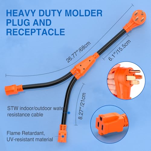 Image of Nilight 50 Amp to 15 Amp RV Y Splitter Adapter Cord 50A Male Plug to Two 15A Female 125V Household Outlet NEMA 14-50P 5-15R Pure Copper STW 10 AWG Cable for RV Camper Generator