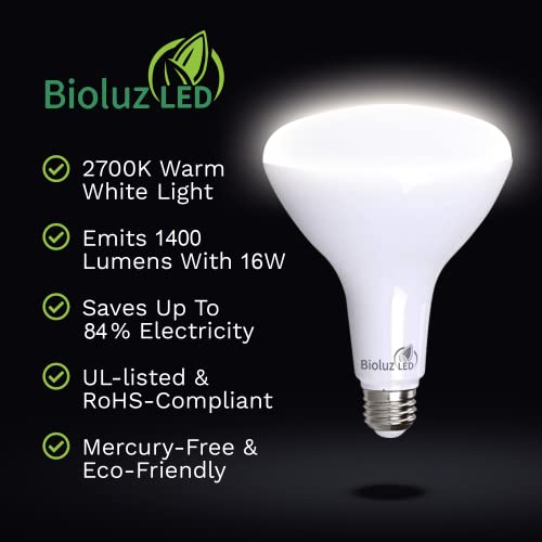 Bioluz Led 4 Pack Brightest Br40 Led Bulbs 90 Cri Instant On Warm White 2700K 16W = 120W Replacement Bulb 1400 Lumen Indoor/Outdoor Smooth Dimmable Lamp Ul Listed Title 20 Compliant #TOP2