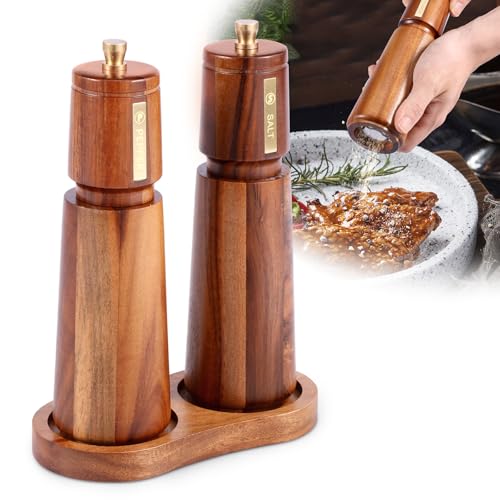 BAODBF 2 Pieces Wooden Salt Mill with Tray Adjustable Coarseness Versatile Kitchen Salt Pepper Mill with Ceramic Core for Chili Lilac