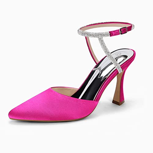 Image of Coutgo Women Rhinestone Heels Kitten High Satin Pumps Pointed Toe Sparkly Sexy Wedding Dress Shoes