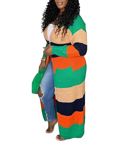 Image of SOMTHRON Women's Fall Cardigan Sweater Open Front Color Block Striped Knit Long Draped Coat Duster Outerwear