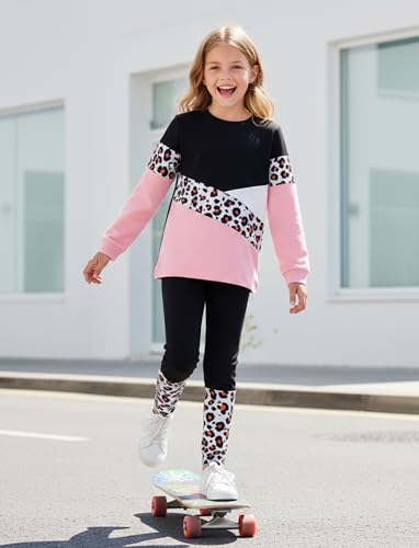 Image of PATPAT Little Girls Clothes Crew Neck Leopard Color Block Sweatshirt and Leggings Girls Outfits Size 4-12Y