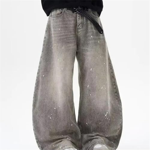 Retro Washed Jeans for Men Curved Cut Splash Ink Denim Pants Loose Fit American Street Style2