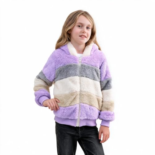 Image of Girls Fleece Jackets Kids Sherpa Fuzzy Zip up Hoodie Fall Winter Contrast color Pullover Sweatshirt 4-12 Years