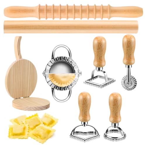 Wonton haciendo suministros, rodillo de pasta de madera y cortador | Herramientas creativas de fabricación de bola de,Set de fabricantes de espagueti, suministros de cocina para el hogar para el hoga