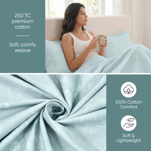 Image of Haus & Kinder King Size Bedsheet for Double Bed with 2 Pillow Covers 108 Inch x 108 Inch| Premium Soft & Silky Pure Cotton 300 TC Flat King Bedsheet | Ashen Blossom Mint